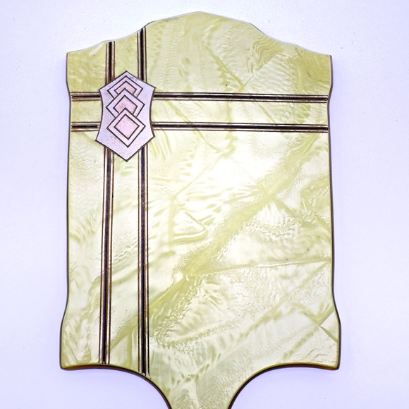 Vintage Art Deco Hand Mirror Brush Set Beveled Celluloid Green Pearlized Lucite - Picture 3 of 12